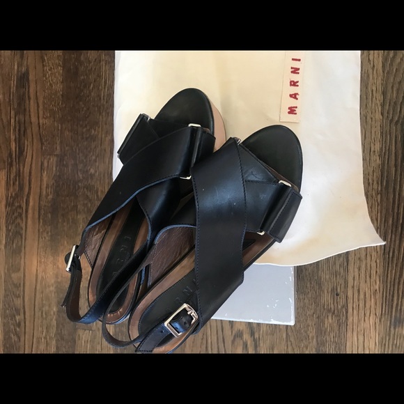 MARNI Black Leather Platform with Wooden Wedge - Picture 4 of 4